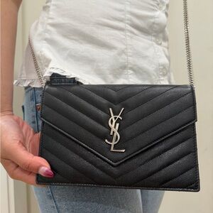 Yves Saint Laurent black Cassandre envelope flap crossbody wallet on chain